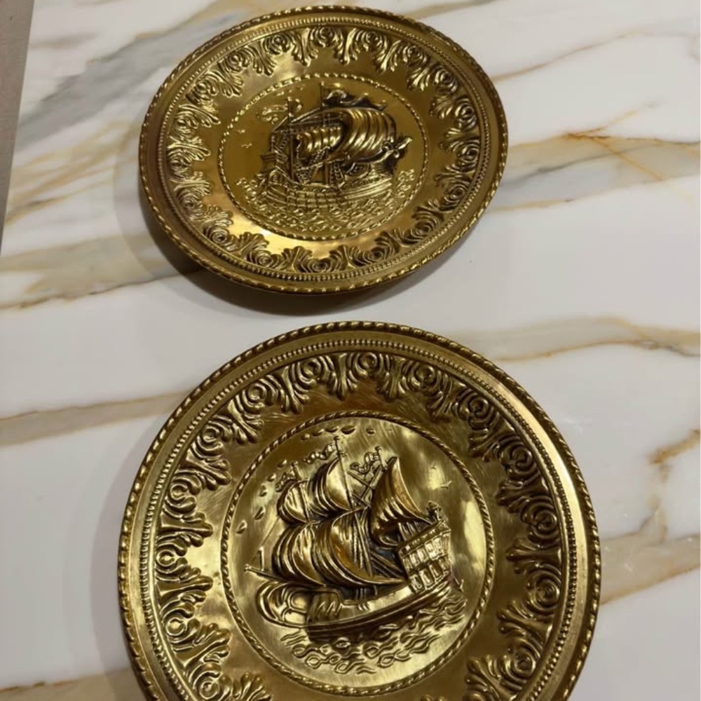 ART- Set of 2 Vintage MCM Brass Embossed Nautical Plates.
